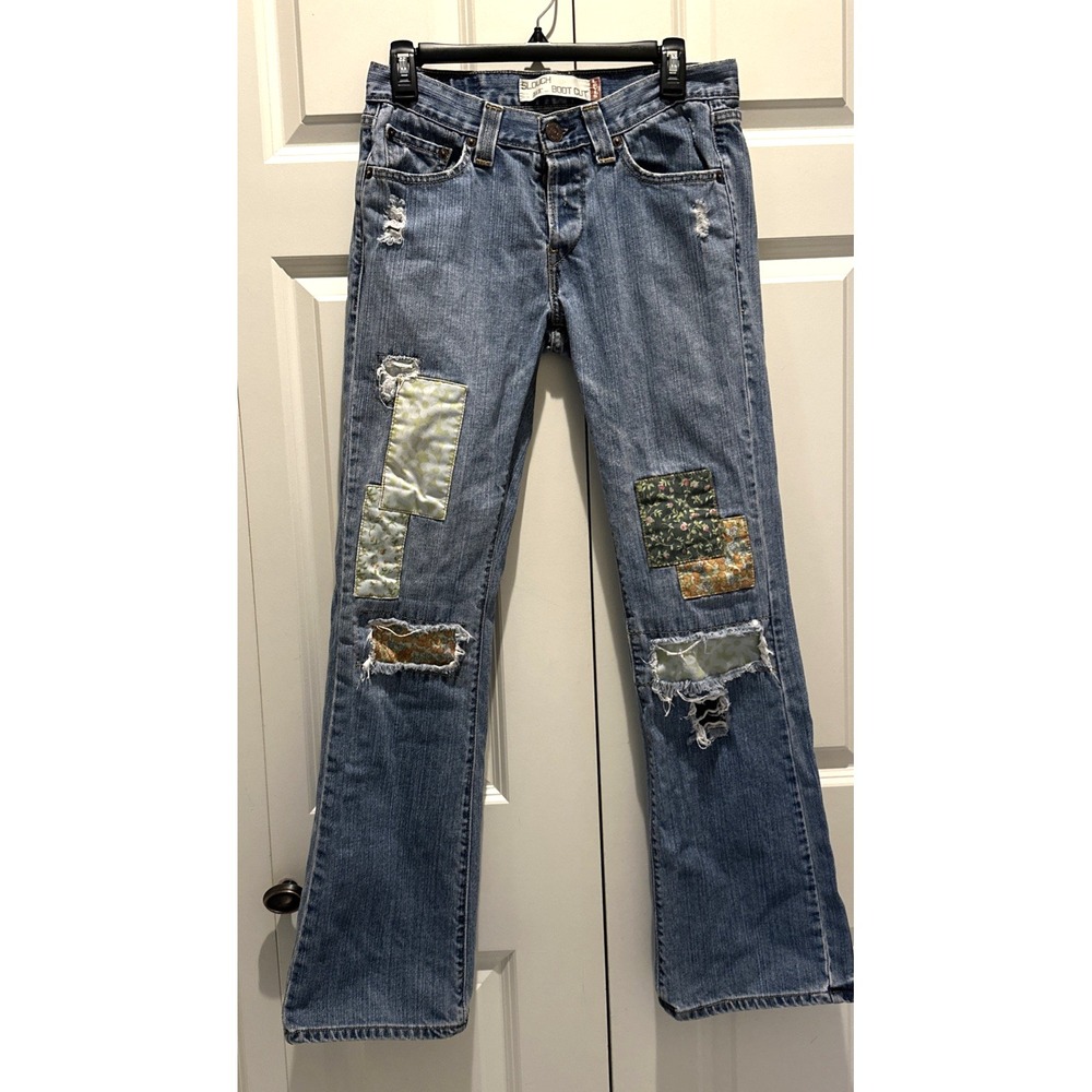 Vintage Y2K Levis 513 Slouch Patchwork Boot Cut Jeans Juniors Size 7 Distressed